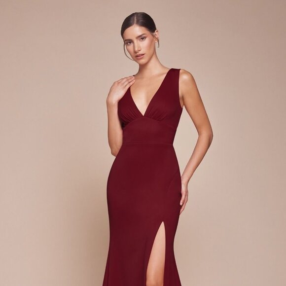 NEW FORMAL MAXI SLEEVELESS SHEATH SOLID V-NECK DRESS W/ HIGH LEG SLIT CD CH395 - Picture 3 of 6